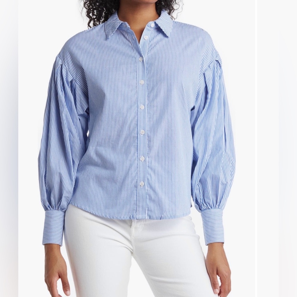Blue Pinstripe Button-Front Puff-Sleeve Shirt
